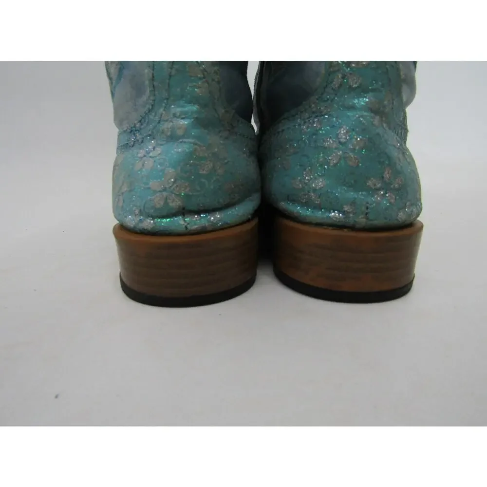 Roper Brand Little Kid Youth Sz 3 Metallic Turquoise Floral Glitter Cowboy Boot
